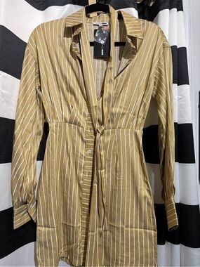 Fashion Nova Tan and White Vertical Stripe Midi Shirt Dress